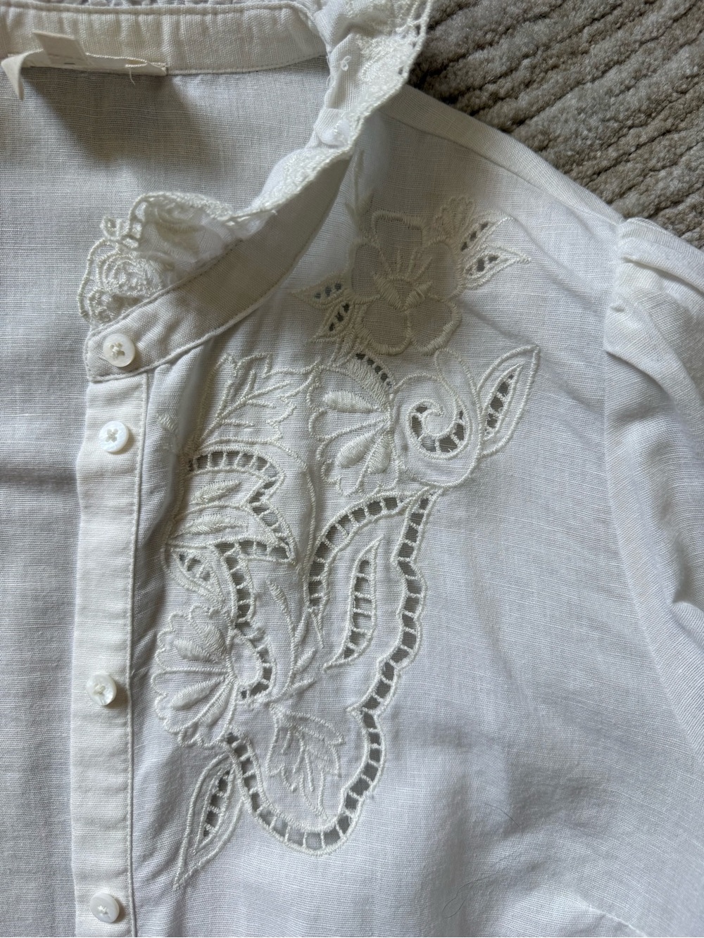 Sézane Lilia Blouse White Linen Cotton Embroidered Lace Ruffle Collar FR38 US6 - Picture 4 of 11